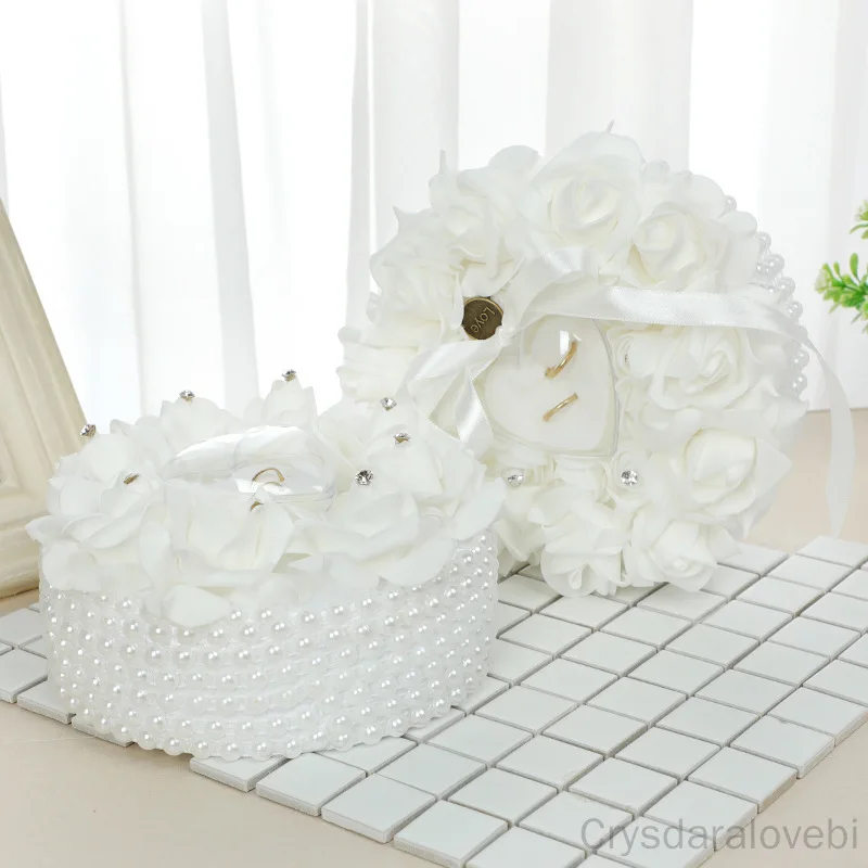 

Европейские свадебные принадлежности, новинка, кольцо, подушка, креативная форма торта, Жемчужная роза, простая белая кольцевая Подушка, коробка