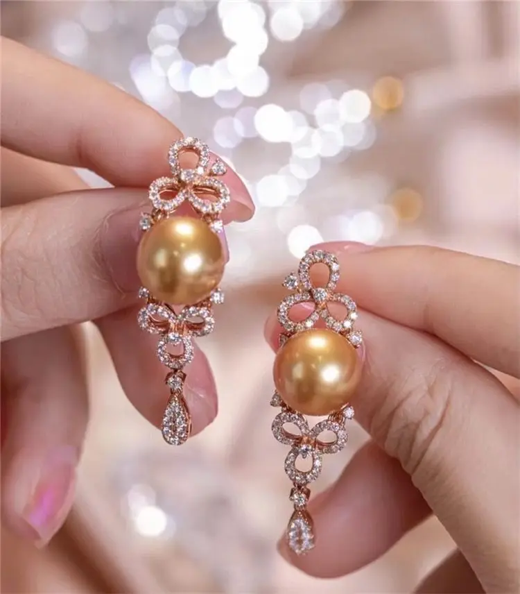 

gorgeous 9-10mm south sea round gold pearl dangle earring 925s(tb)