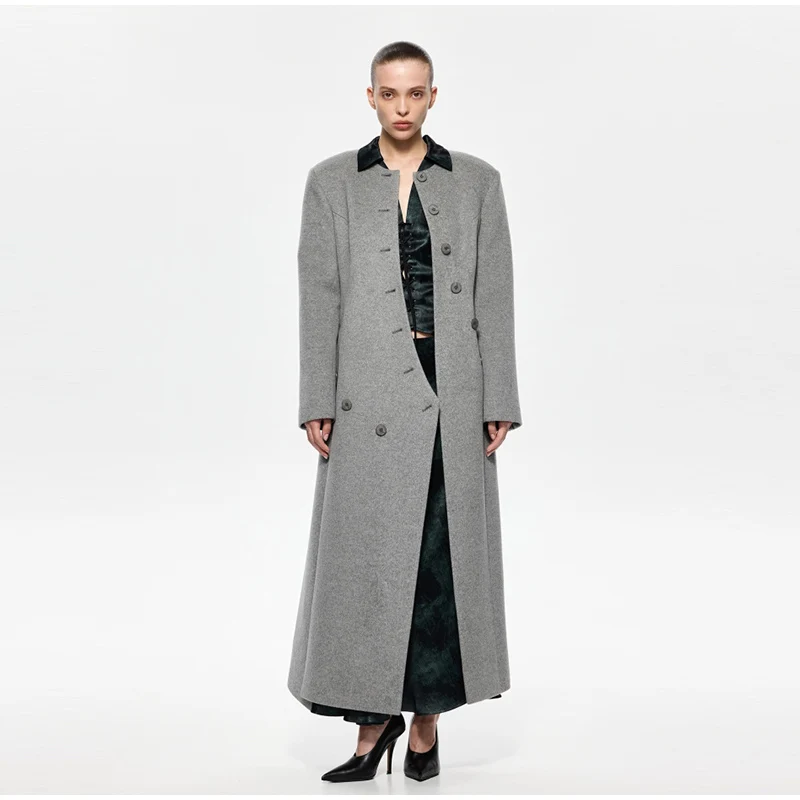 Women's Long Grey Woollen Coat O-neck Full Sleeve Asymmetric Button Design Elegant Silhouette Warm Outerwear 2025 Autumn Coat