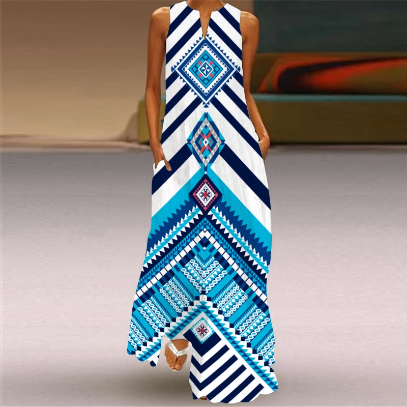 

Summer Women Fashion Printed Flowers Sleeveless Casual Dress Sundress Ladies Elegant Party Vintage Ethnic Wind Stripe Long Dress