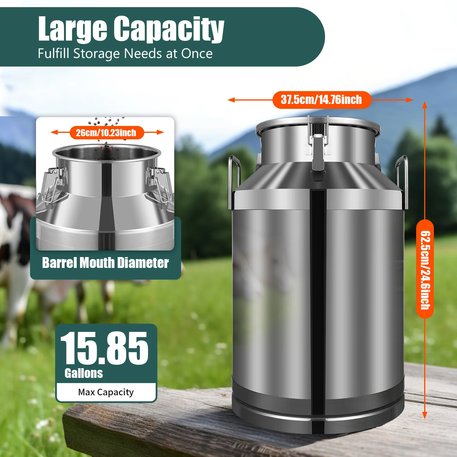Milk Can 60L/15.8Gallon Stainless Steel Milk Jug Universal Airtight Metal Bucket with Lid, for Liquids and Solid