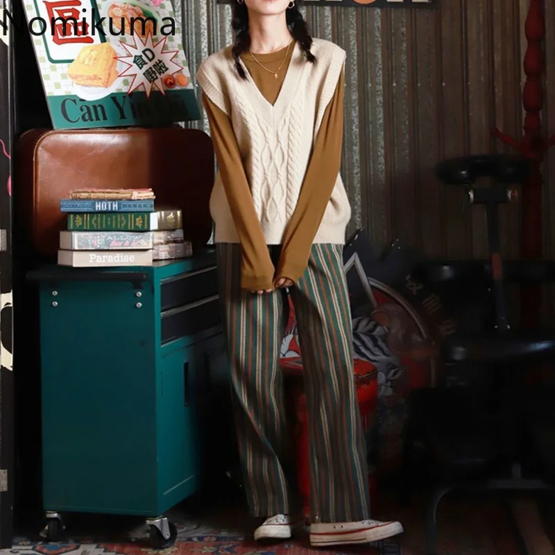 

Nomikuma Pantalon Pour Femme Autumn Winter Contrast Color Striped Wide Leg Pants Women Vintage Harajuku Elegant Pantalon Femme