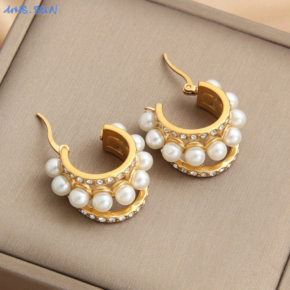 MHSSUNStainlessSteelUniquePearl3LayersCircleHoopEarringsGold