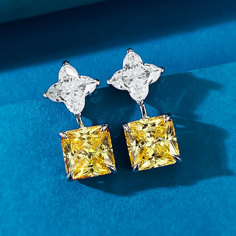 

S925 Silver New Imported High Carbon Diamond Yellow Diamond 10 * 10 Square Geometry Inlaid Earrings Style