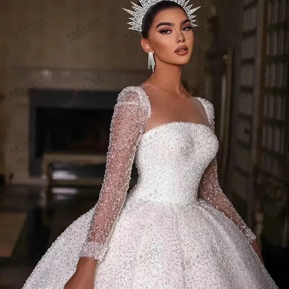 Exquisite Wedding Dresses Princess Bridal Gowns Shiny Robes For Party Square Collar Full Sleeves Vestidos De Novia Customized 3