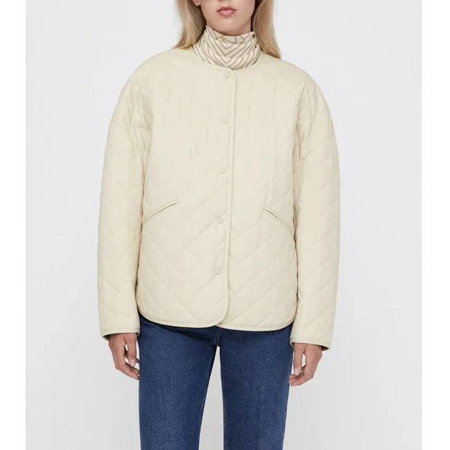 

2023 AW Women's Loose Cotton Jacket Round Neck Rhombus Cotton Clothing Minimalist Profile Bread Clothing Niche Short Coat