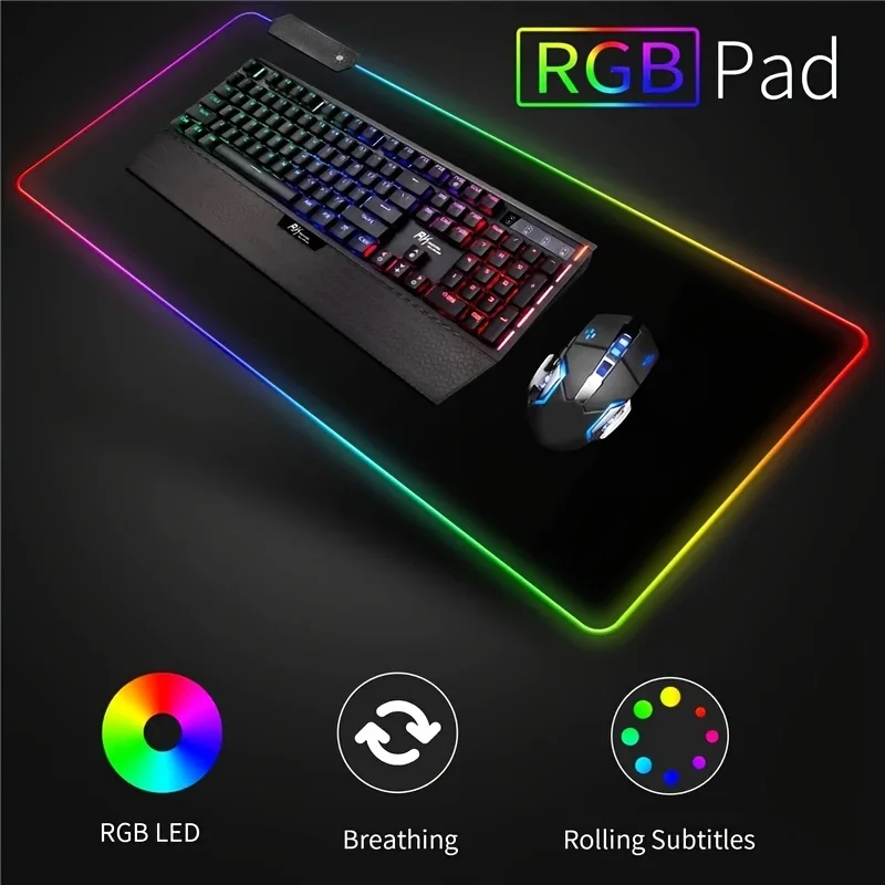 Alfombrilla de ratón RGB para juegos, 0,16 pulgadas de grosor, alfombrilla de ratón grande de 31,5 x 11,8 pulgadas para escritorio, alfombrilla de escritorio con 13 modos de luz, impermeable, para uso en juegos de oficina, PC y portátiles