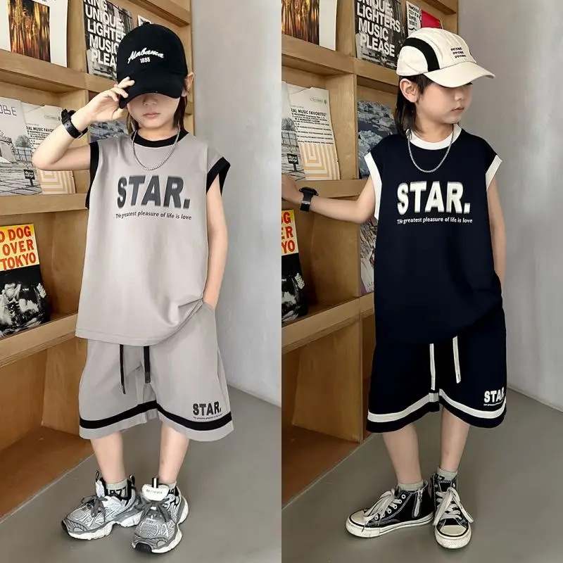 Boys Suit Vest Top Loose + Shorts 2024 Summer Sports Suit Two-piece Suit Outer Wear Casual Loungewear Outfit