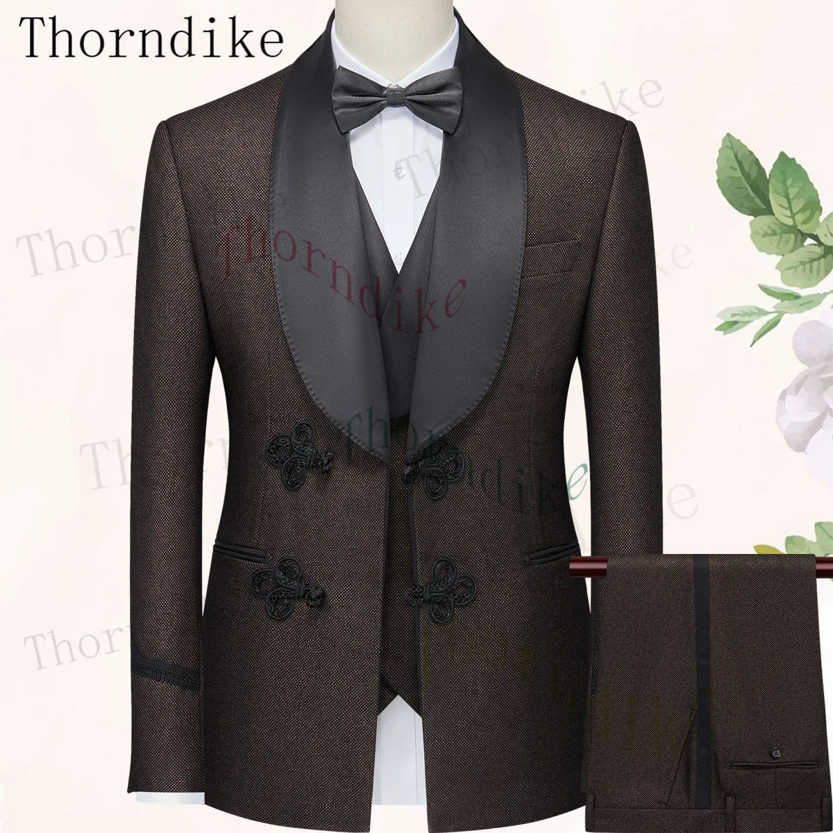Thorndike Men 3 Pcs Suits Blazer Coffee Tuxedos Formal Party Costume Slim Fit Jacket Pant Vest mens suit