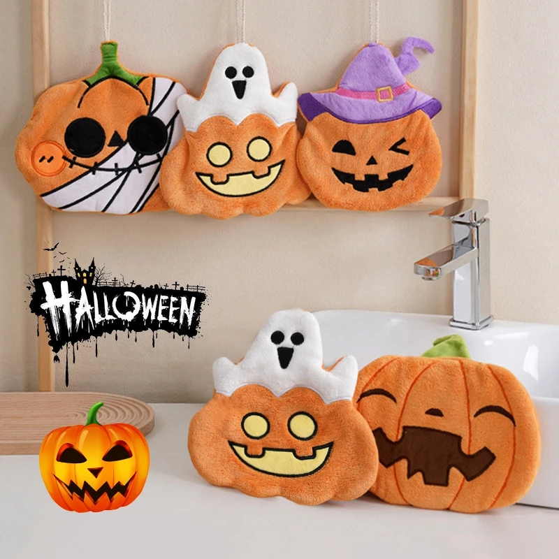 Black Cat Cartoon Hand Towel - Soft & Absorbent Coral Fleece for Kids - Halloween Pumpkin Design for Bathroom & Kitchen Use