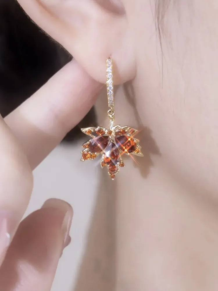 Korea Fashion Jewelry Orange Zircon Maple Leaf Pendant Earrings Necklace Women's Party Accessories jewelry sets jewelry set