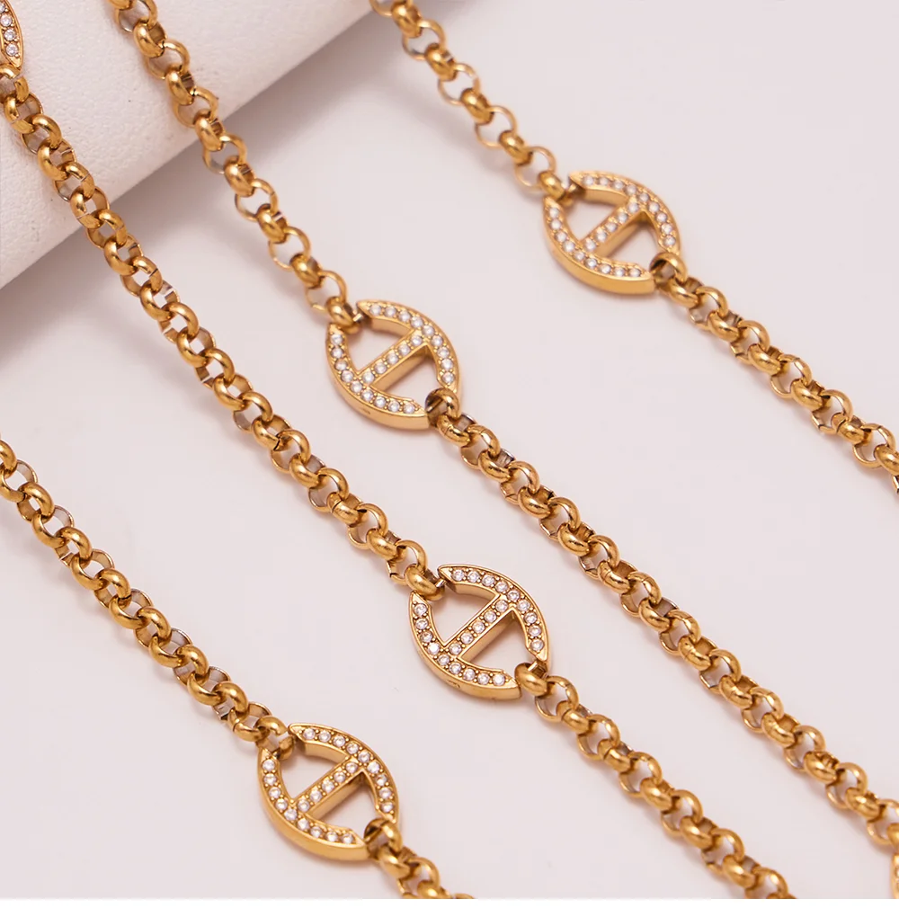 85 cm Edelstahl Vergoldete Kette Lange Halskette Für Frauen Glänzenden Zirkon Oval Anhänger Halskette Femme Wasserdicht Schmuck – Detail 9