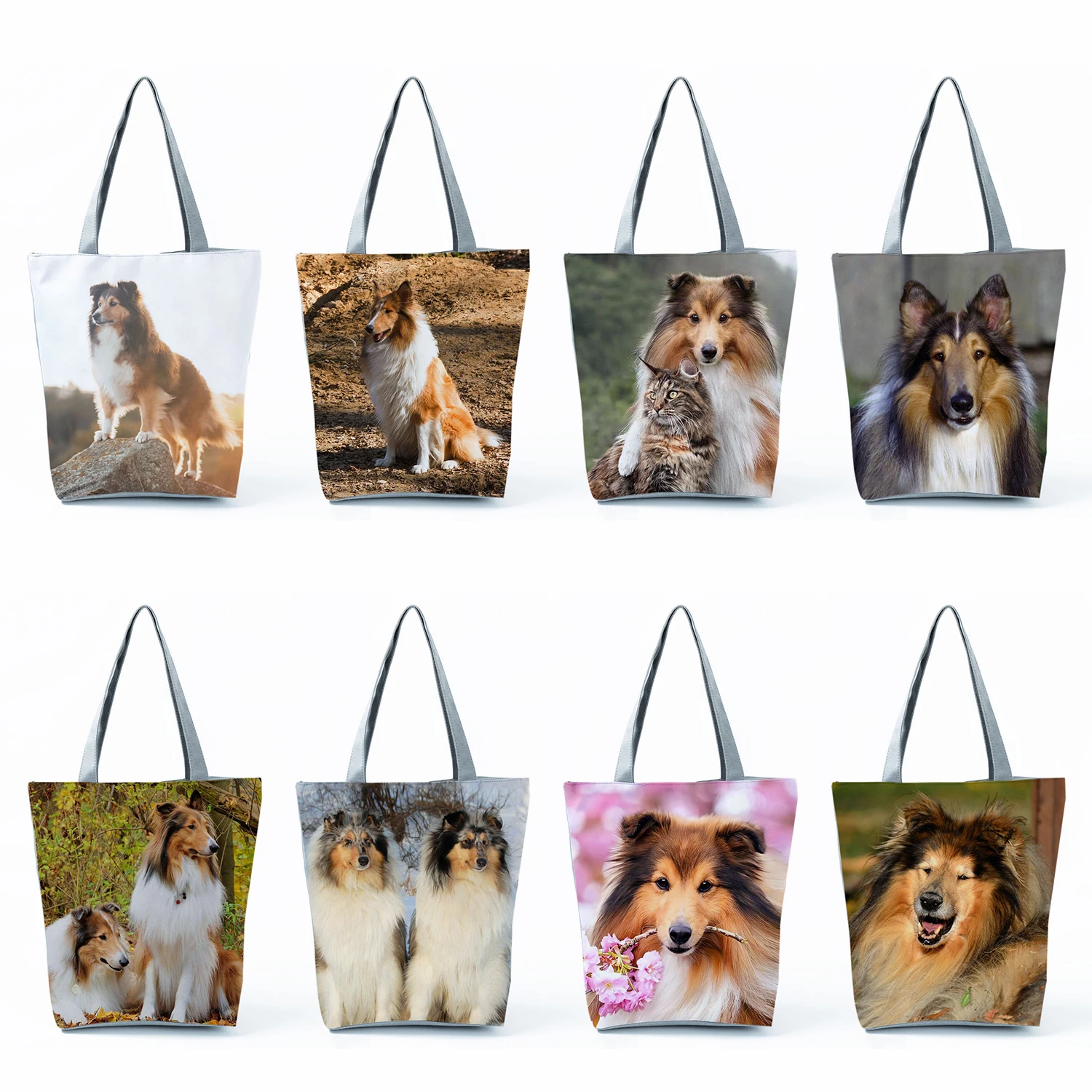 

Women Handbags Casual Shoulder Bags Rough Collie Printed Shopping Bags Large Capacity Foldable Groceries Cute Dog Graphic Totes