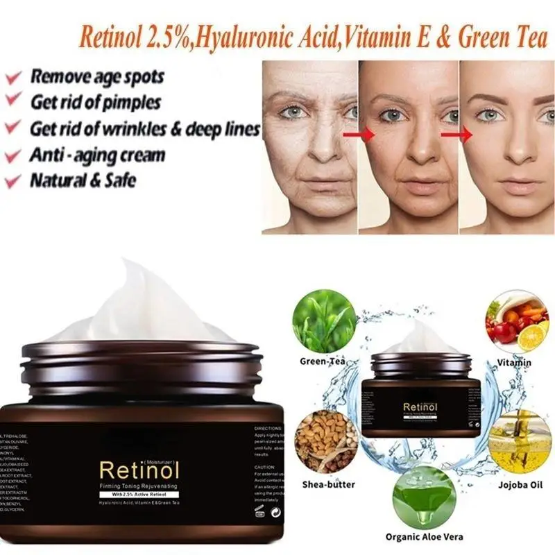 Retinol 2.5% Moisturizer Face Cream Vitamin E Collagen Retin Anti Aging Wrinkles Acne Hyaluronic Acid Green Tea Whitening Cream