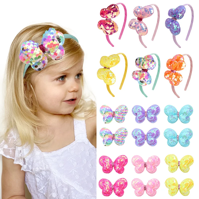 

3/2 Pcs Sequins Bows Hairbands For Girls Cute Shiny Butterfly Hairpin Clips Glitter Headband Kids Headwear Baby Hair Accessories