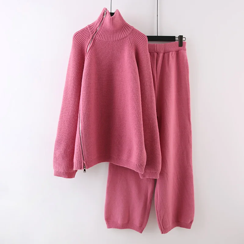

Winter Women Knitted Suit Two Piece Set Turtleneck Side Zipper Loose Sweater Wide Leg Pants Pink Autumn Fashion Female Outfit
