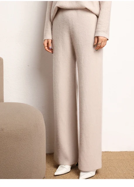 2022 New Autumn Winter Women 100% Cashmere Pants Soft Comfortable High-Waist  Knitted Female Cashmere Thicken Wide Leg Pants