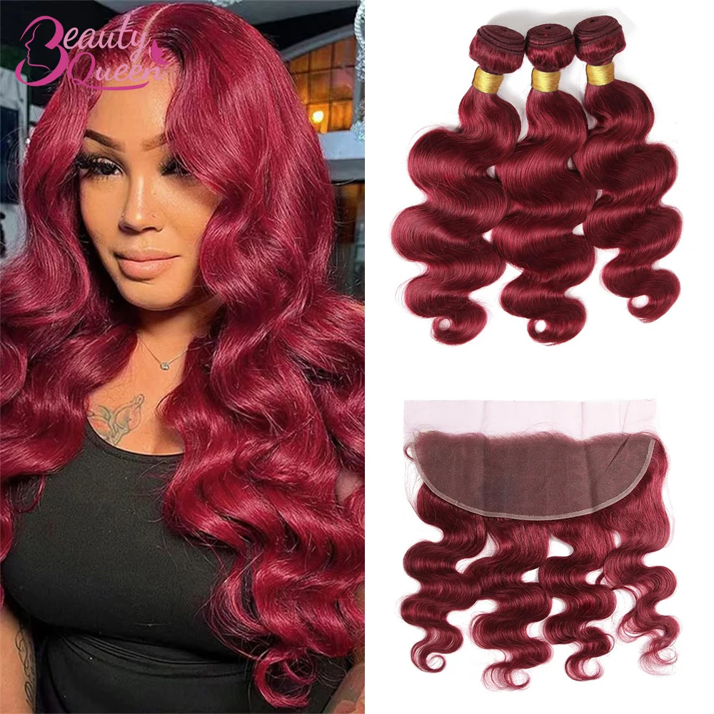 99J Body Wave Bundles With Closure Burgundy Red Human Hair Bundles With Frontal 13x4 Lace Colored Brazilian Hair Weave 3