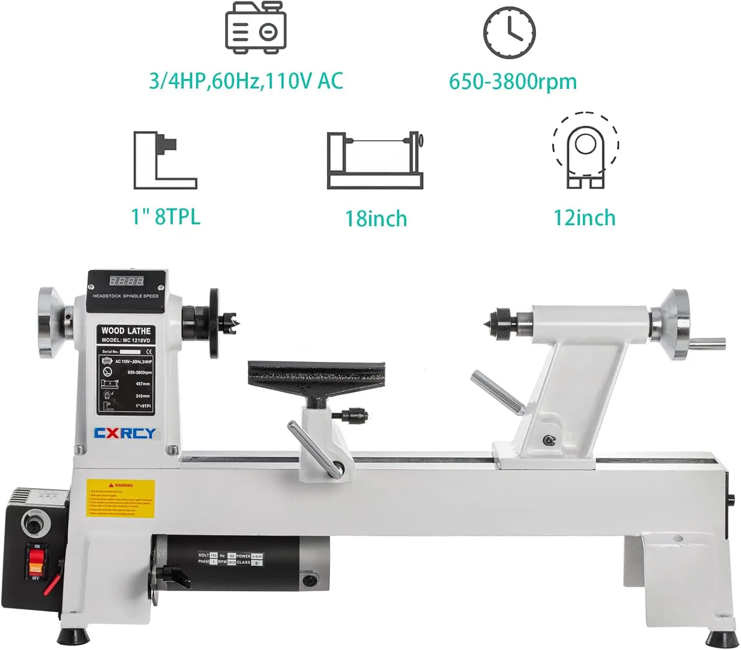 12x18 Benchtop Wood Lathe Machine with 3/4 HP Variable Speed 650-3800 RPM for Woodworking