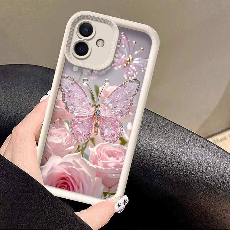 Luxury Romantic Butterfly & Pink Rose Phone Case - Shockproof Soft TPU Bumper Cover