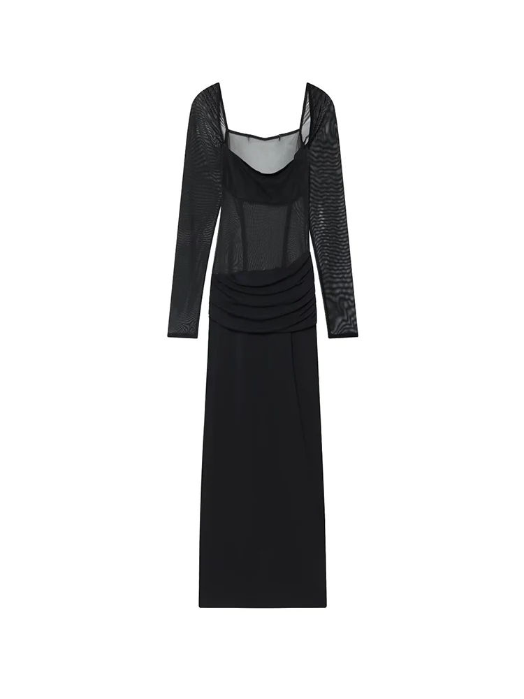Women's Sexy Sheer Mesh Maxi Dress Chic Spliced Long Sleeve Bodycon Square Collar Dress Ladies  Party Club Pullover Dress New