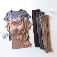 2026 summer new ladies modal pajamas two-piece suit with chest pad short-sleeved cropped trousers plus size home service set