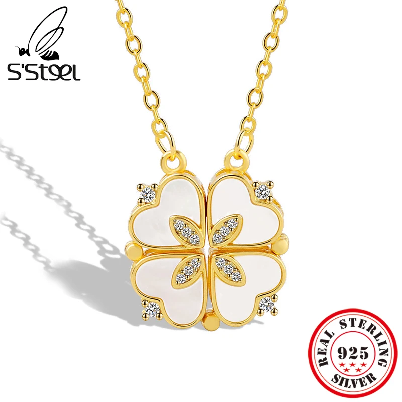 Fashion 14k Gold Plated Love Heart Shaped Clover Magnetic Pendant Necklace