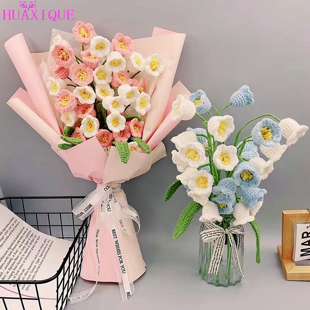 

5pcs Hand-Knitted Crochet Flowers Bouquet Lily of The Valley Flower Finished Creative Handmade Crafts Gifts Home Wedding Decors