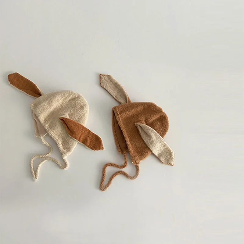 Winter Plush Baby Bunny Hat With Rabbit Ear Kids Beanie Cap For Girls Adjustable Thick Warm Kids Bonnet Cap Infant Accessories 3
