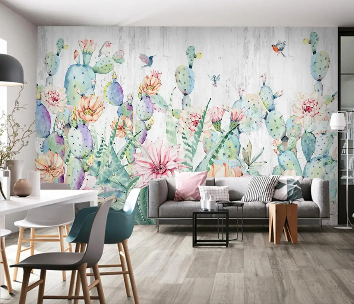 Custom wallpaper mural Nordic tropical plants hand-painted flamingo cactus flying bird background wall papel de parede калька cactus cs tr95 a3250 250л a3 90г м2