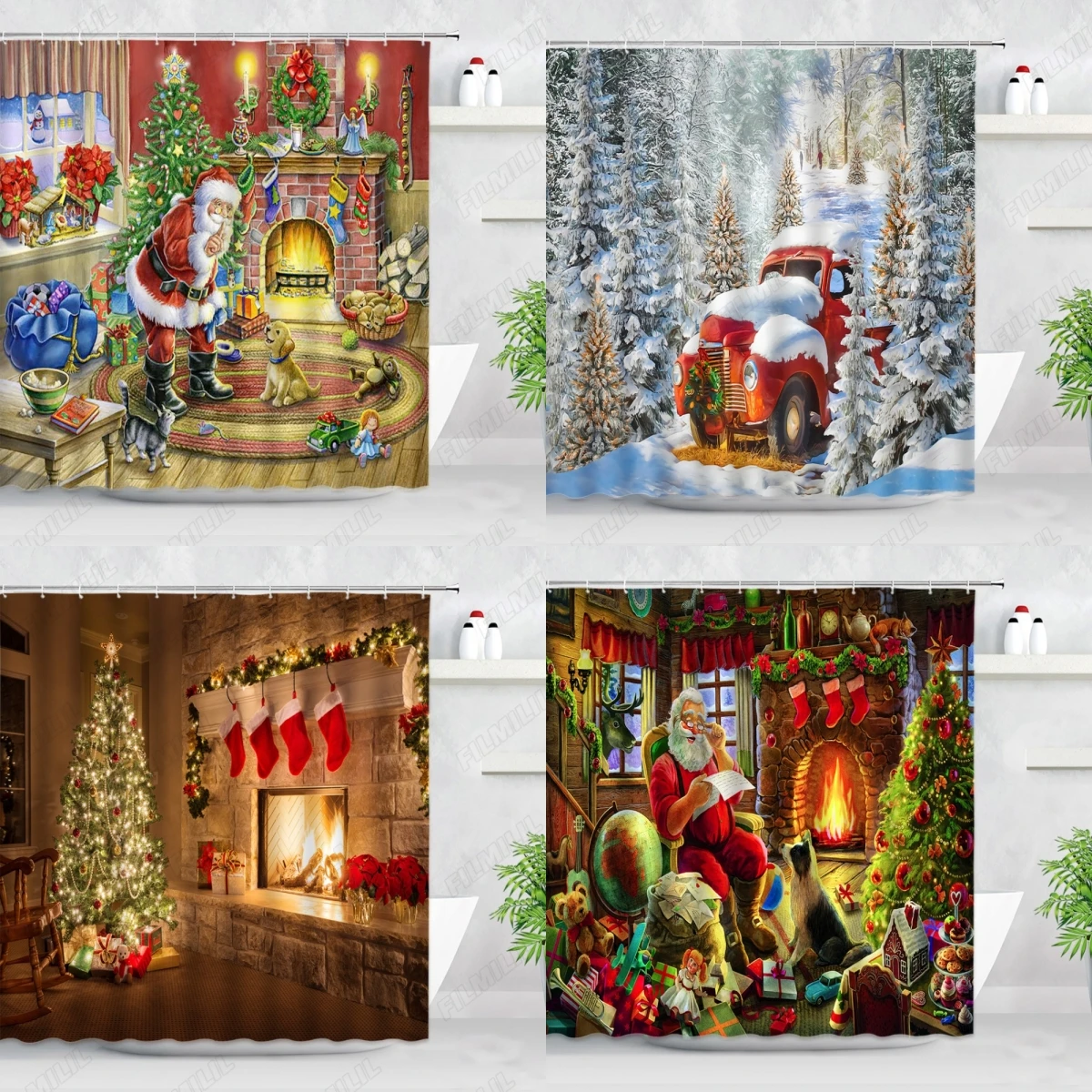 

Retro Oil Painting Christmas Shower Curtains Santa Claus Garland Xmas Tree Vintage Fireplace New Year Decor Bathroom Curtain Set