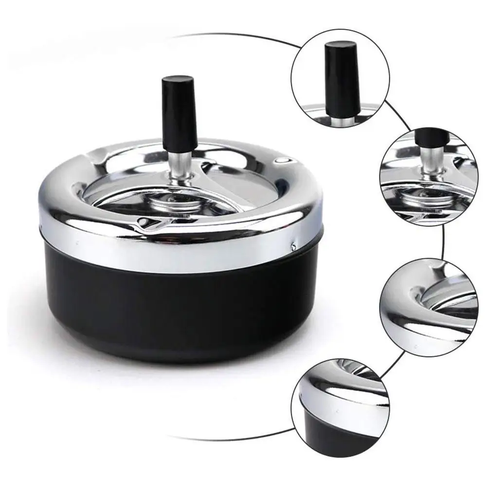 Cool Ashtray Stainless Steel Push Down Spinning Ashtray Self-Cleaning Ashtray With Lid Cover Ash Tray for Cigarette Smoking 6