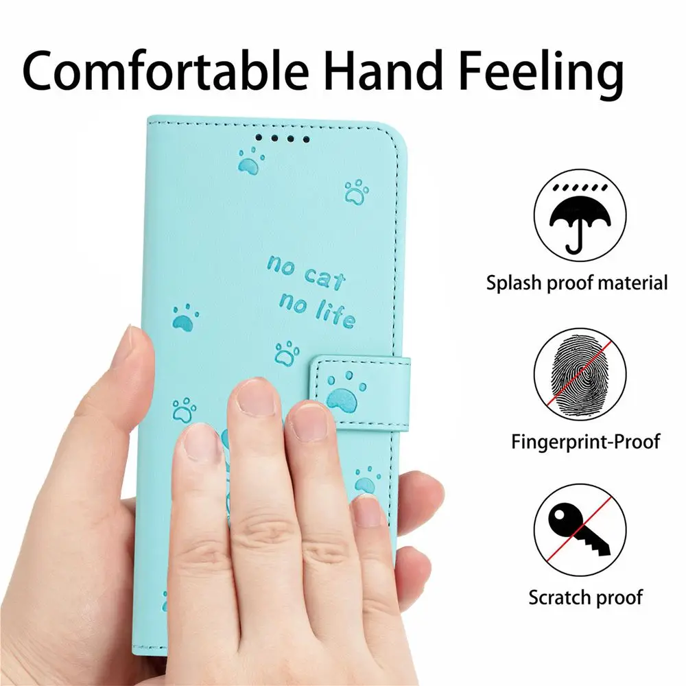 3D Cat Wallet Flip Cover with Strap - Leather Phone Case