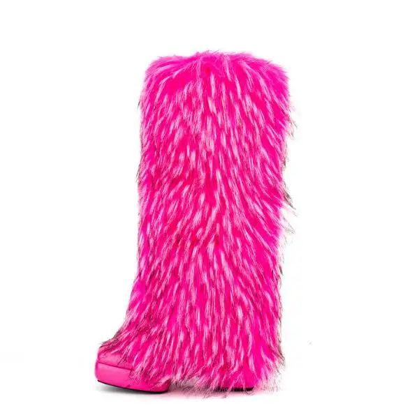 

Winter Women Hot Pink Fur Tube Slip On Knee High Boots Square Toe Platform 10 CM Block Heel Long Botas Shoes Drop Shipping