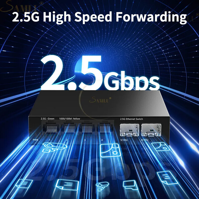 2.5Gb Switch 4 Port 2.5G Unmanaged Network Switch with 2 Port 10GbE SFP+ Slot Home Lab Setup Ethernet Plug&Play