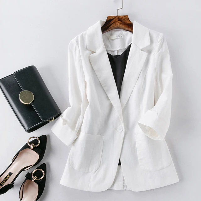 Chaqueta blanca de talla grande para mujer, blazer de tres cuartos con  bolsillos, chaquetas de oficina para mujer - AliExpress