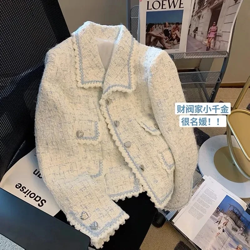 

Vintage Tweed Jacket Women Fall Winter Single Breasted Blend Woolen Cropped Coat Korean Style Love Button Fashion Short Outwear