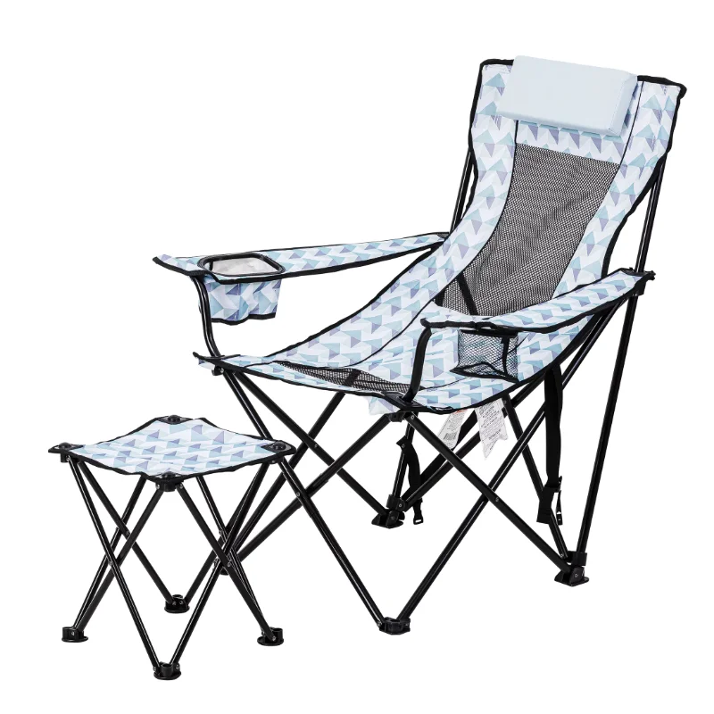 

Ozark Trail Lounge Camp Chair with Detached Footrest, Blue and White Geo Design, Padded Headrest, Adult