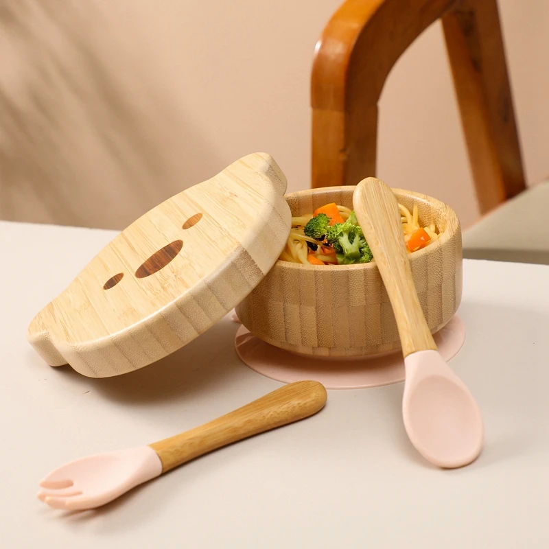 

Wood Food Supplementary Feeding Tableware Silicone Adsorption Fixed Desktop Spoon And Fork Silicone Head Environmental friendly