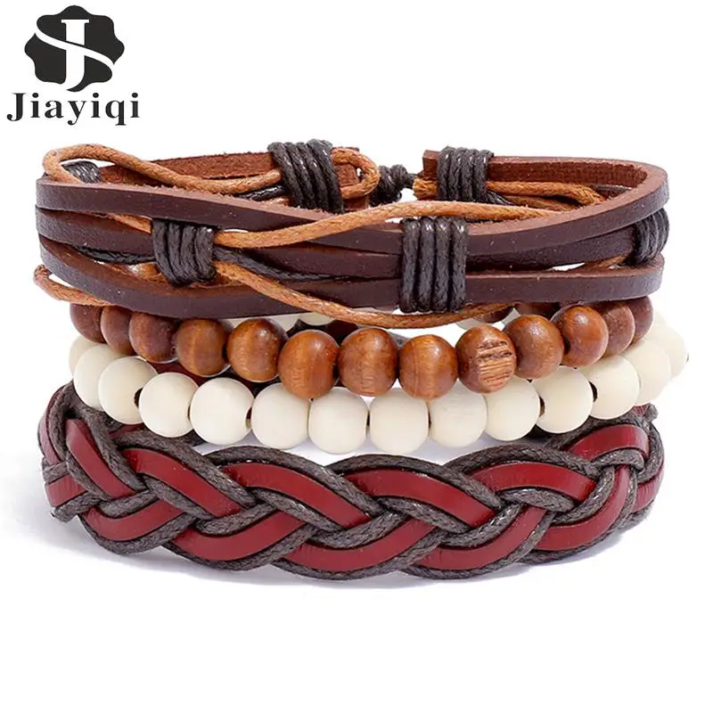 Tribal Wood Beads and Leaf Brown Leather Men Women Wristband Bracelet 3pcs Set 