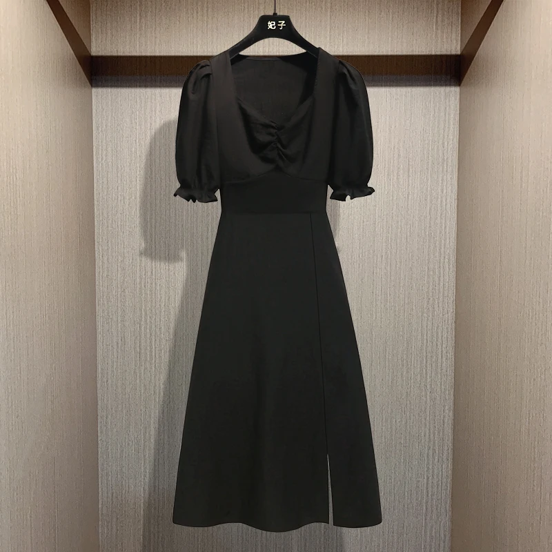 

FEIZI Hepburn Style Dress Women's 2021 Summer New Fashion Style French Bubble Sleeves Wrapped Waist Slim Long Dress