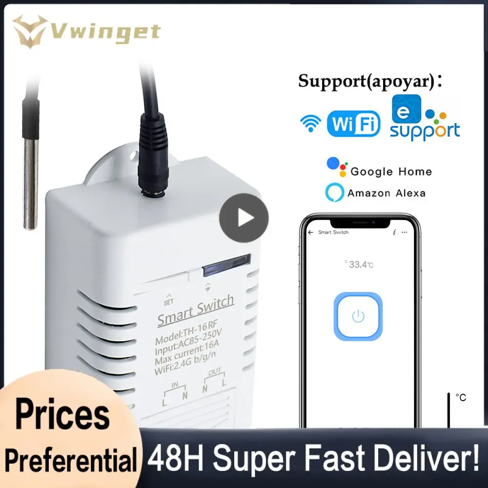 

Умный выключатель с индикатором, беспроводной Wi-Fi переключатель с контролем температуры и влажности, 16 А, совместим с Alexa Home