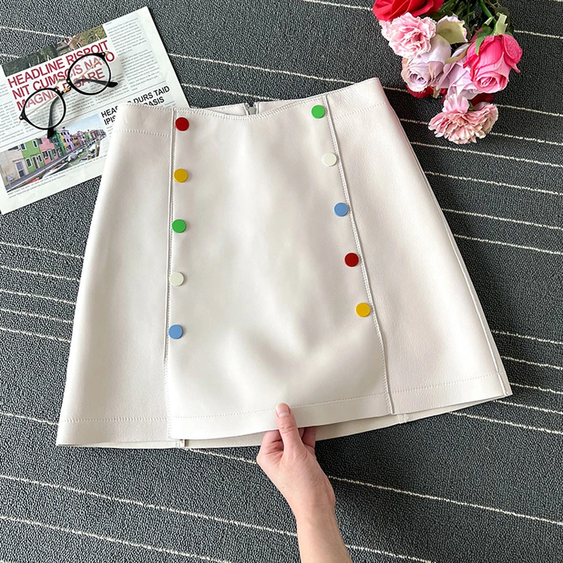 

Spring Fashion Genuine Leather A-line Skirt For Women Color Button Double-Breasted Mini Jupe White Mujer Skirt High Street