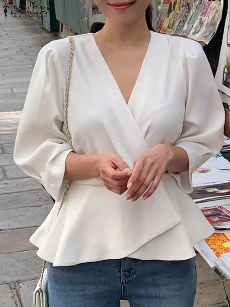 

Women Solid Wrap Blouse ZANZEA 2023 Autumn Fashion Irregular Hem Tops Elegant 3/4 Puff Sleeve Shirts Vintage V-Neck Chic Blusas