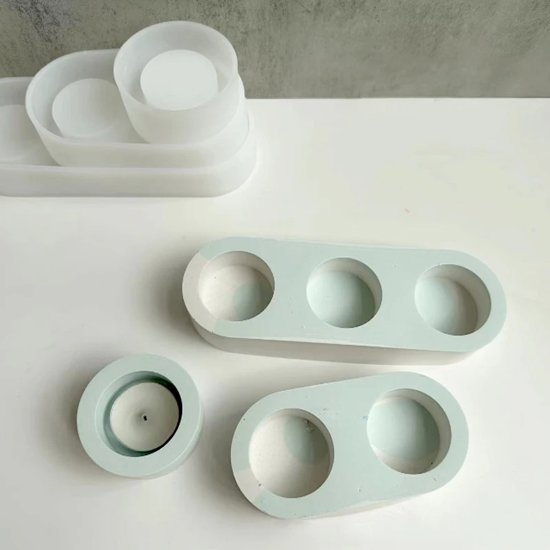3 Holes Candlesticks Cement Silicone Mold DIY Cement Plaster Round Candle Holder Tray Pottery Mould Home Decor Candle Jar Making silicone mold