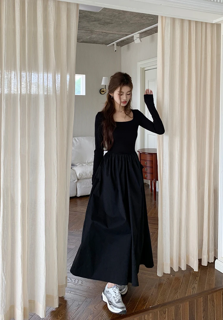 Casual Knitted Midi Dresses for Women Solid Long Sleeves Square Collar A-line Autumn New Elegant Dress Female Slim Vestidos