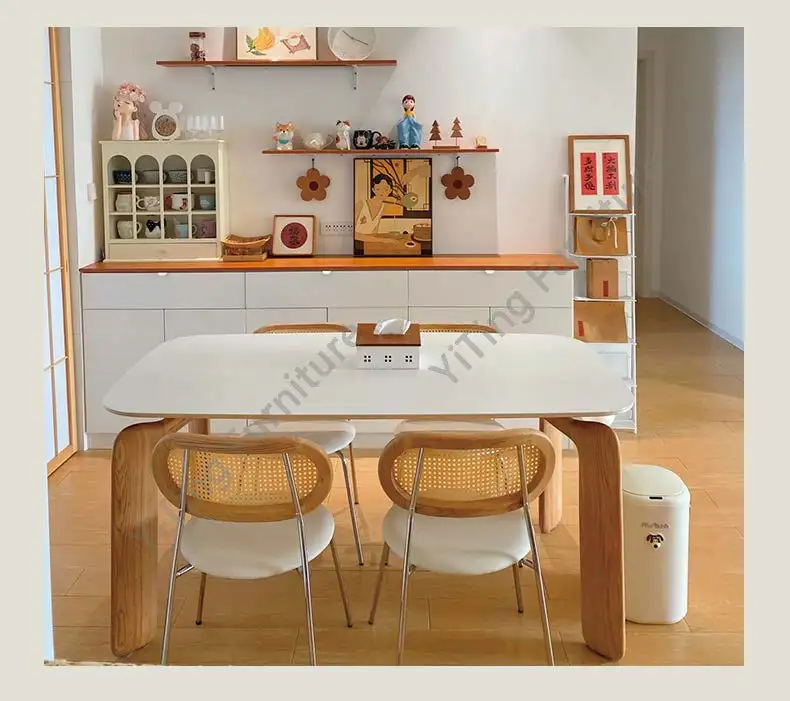 Cream Style French Log Dining Table Home Rock Plate Dining Table Chairs Simple Modern Rectangular Mesa Dining Room Set KM40DT