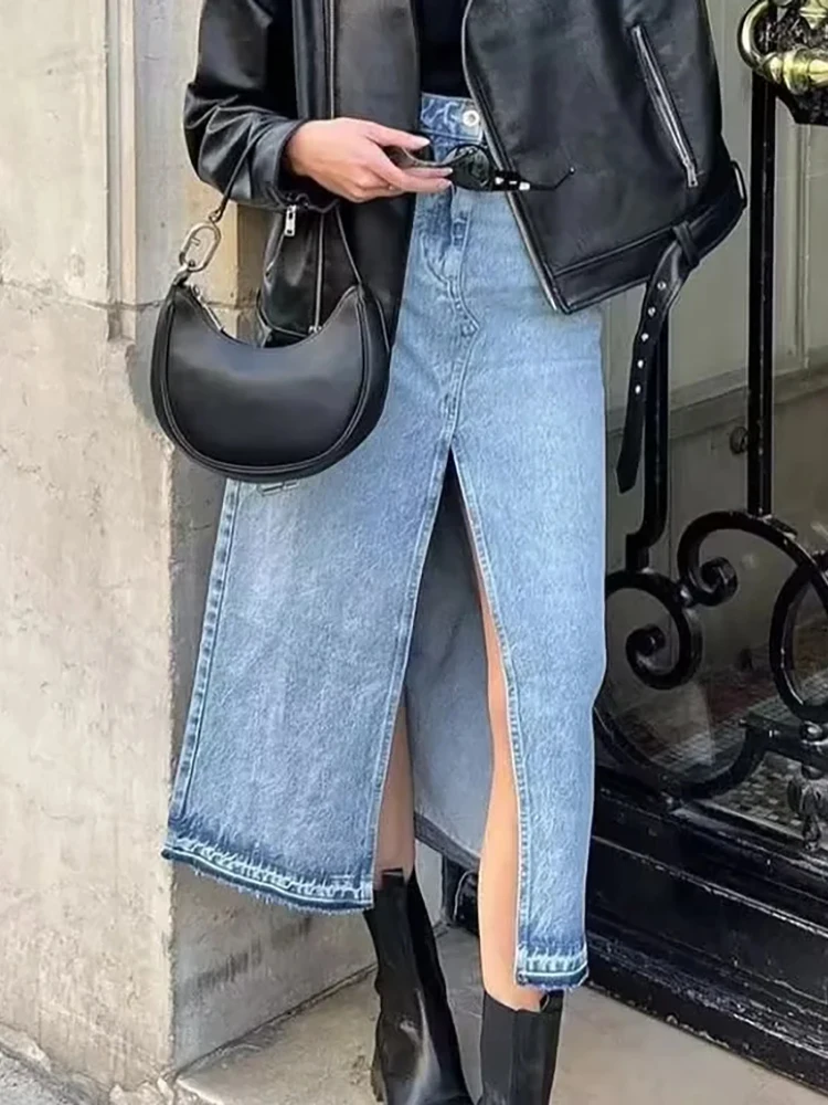 

2023 Womens Spring Summer Za Casual Long Skirts Girls High Waist Fashion Slit Denim Skirt Female Blue Elastic Straight Skirts