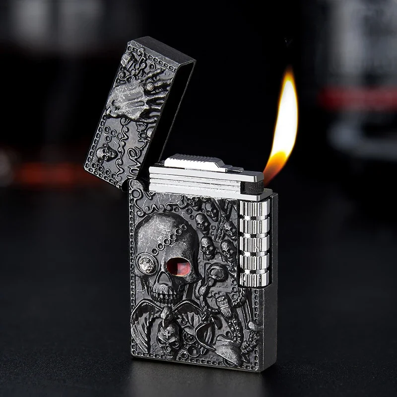 Embossed Skull Cigarette Lighter Bright Sound Torch Lighter Flint Grinding Wheel Inflatable Butane Lighters Smoking Accessories butane gas lighter cigarette lighter