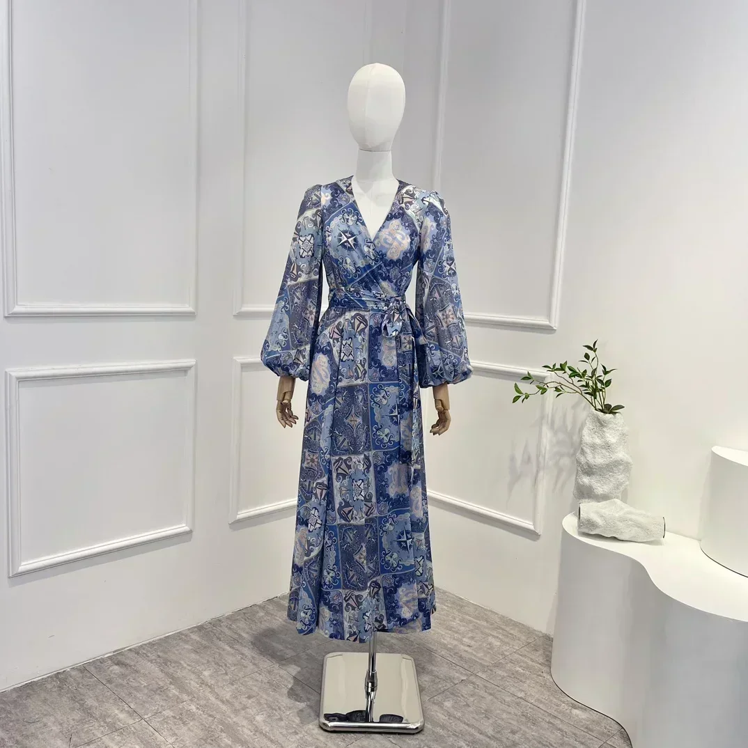 

Promotion Blue Boat Printing V-neck Belted Lantern Sleeves Spli Hem Romantic Wrap Women Midi Dress